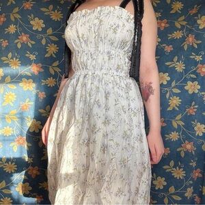 Smocked Floral Midi Dress in Cream